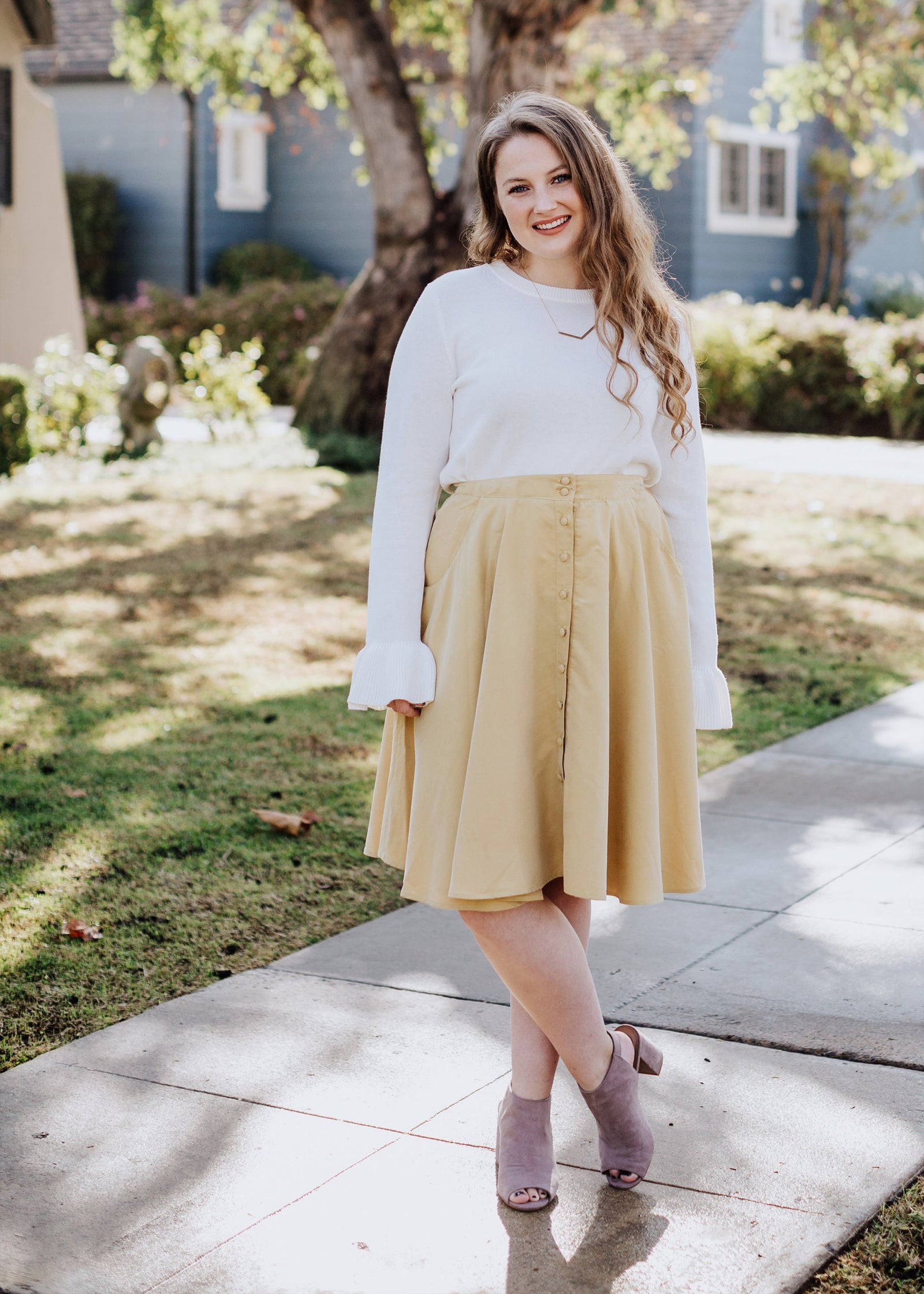 button-down skirt in mustard