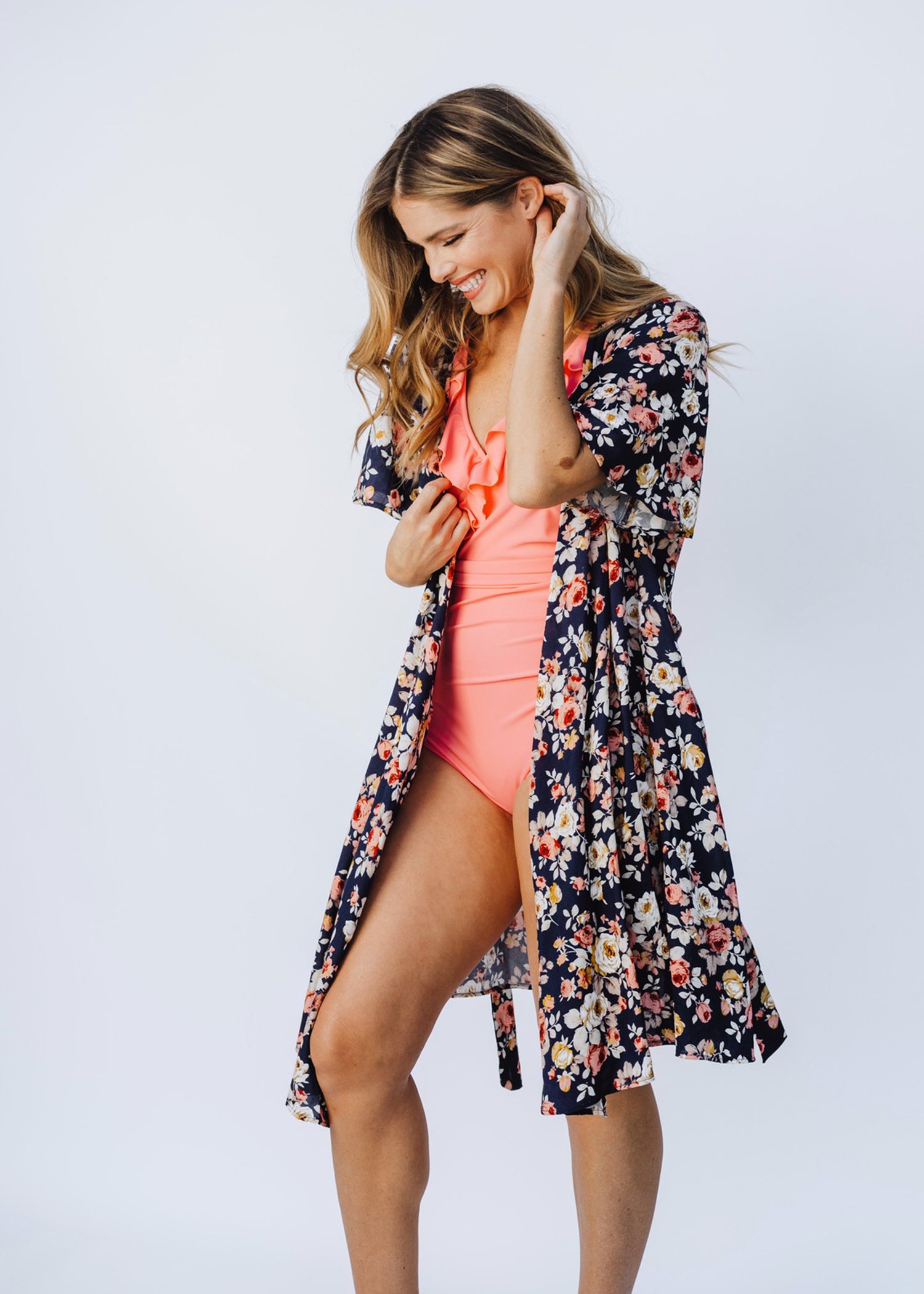 wrap dress/cover-up in navy fleur